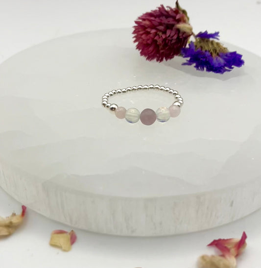 Love and self care - Lepidolite, Opalite and rose quartz. Sterling Silver handmade stretch stacking ring.