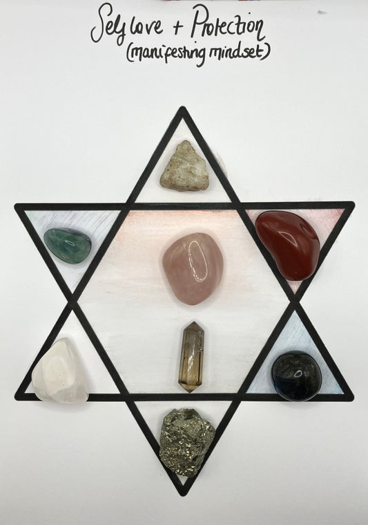 Self love and Protection (for a manifrsting mindset). Channelled crystal set and grid.