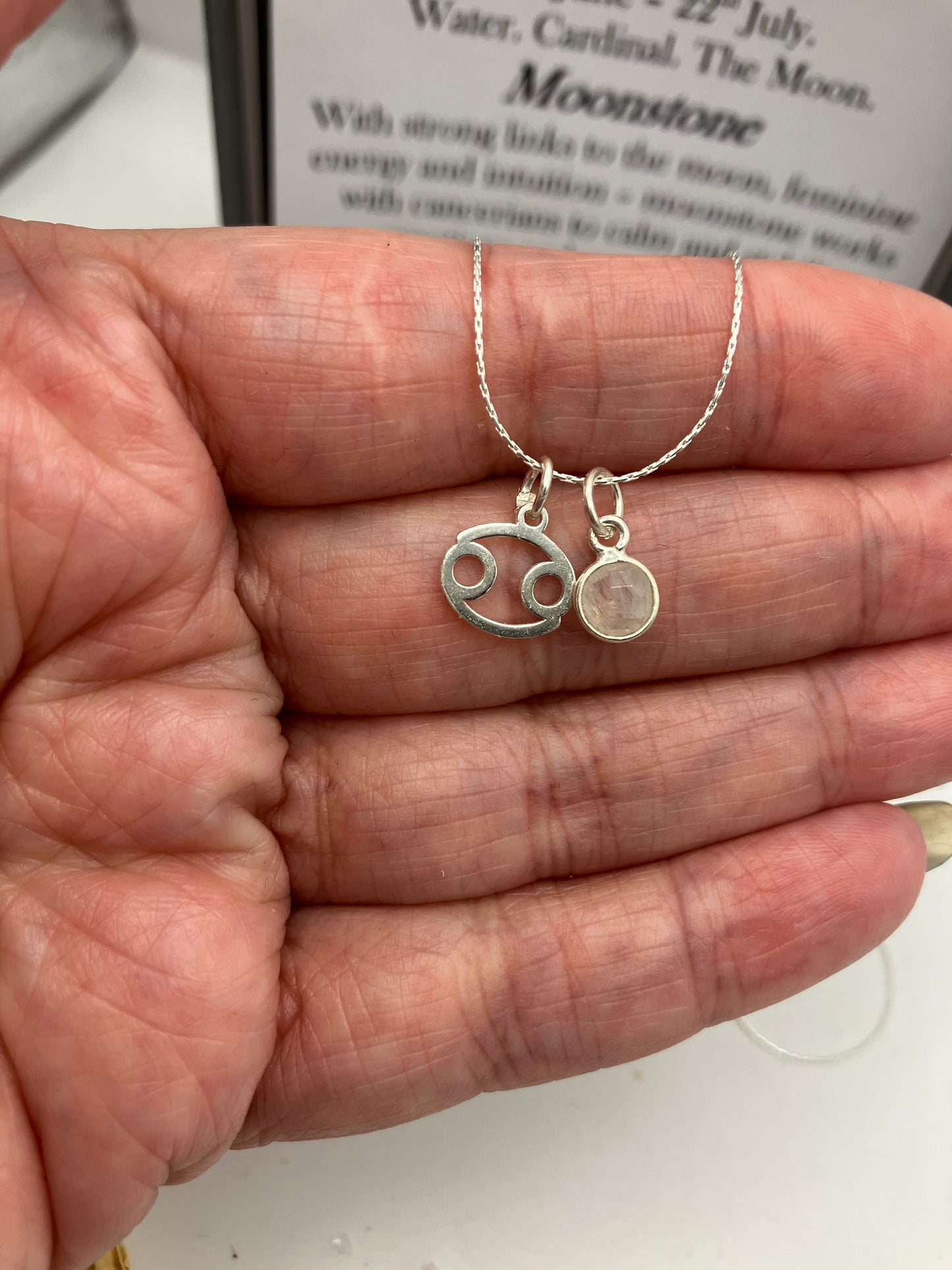 Sterling Silver Cancer Necklace with Moonstone gem charm.