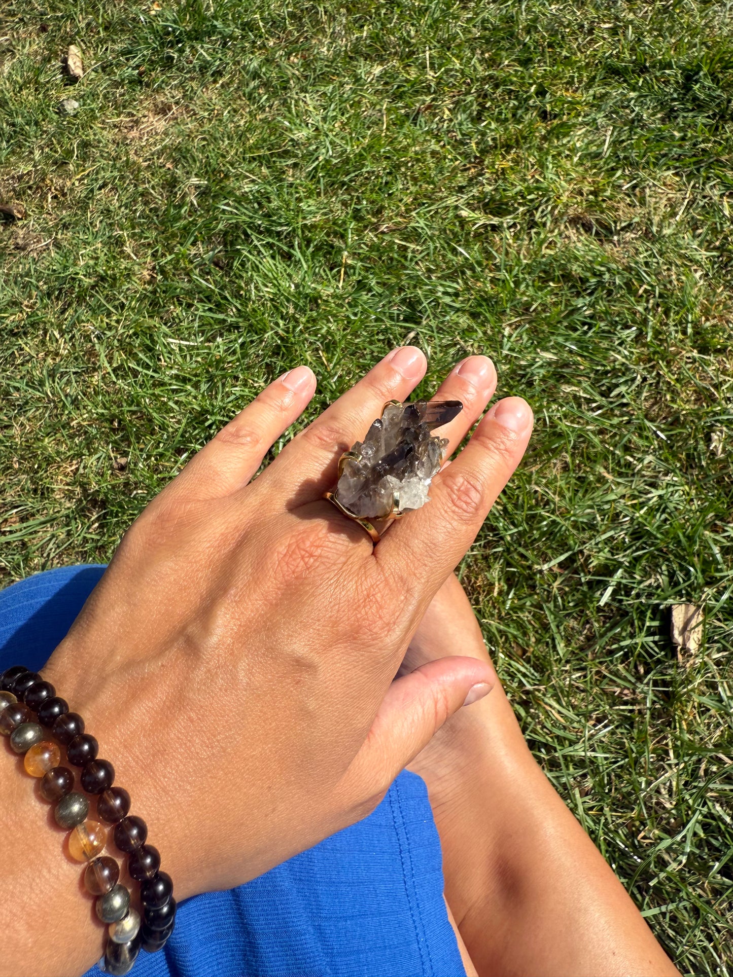 Smokey Quartz Cluster ring for depression, anxiety and protection. Silver / Gold Plated Adjustable Ring.