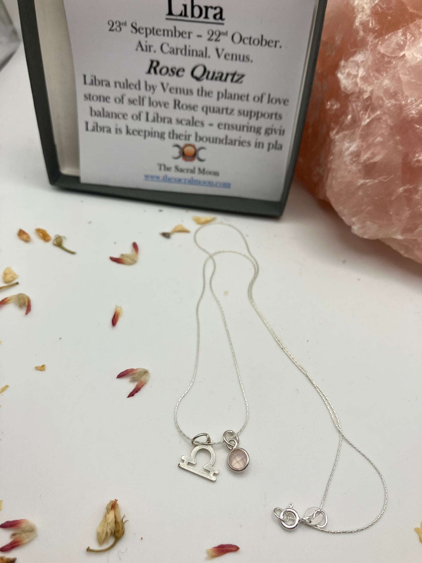 Sterling Silver Libra Necklace with Rose Quartz gem charm.