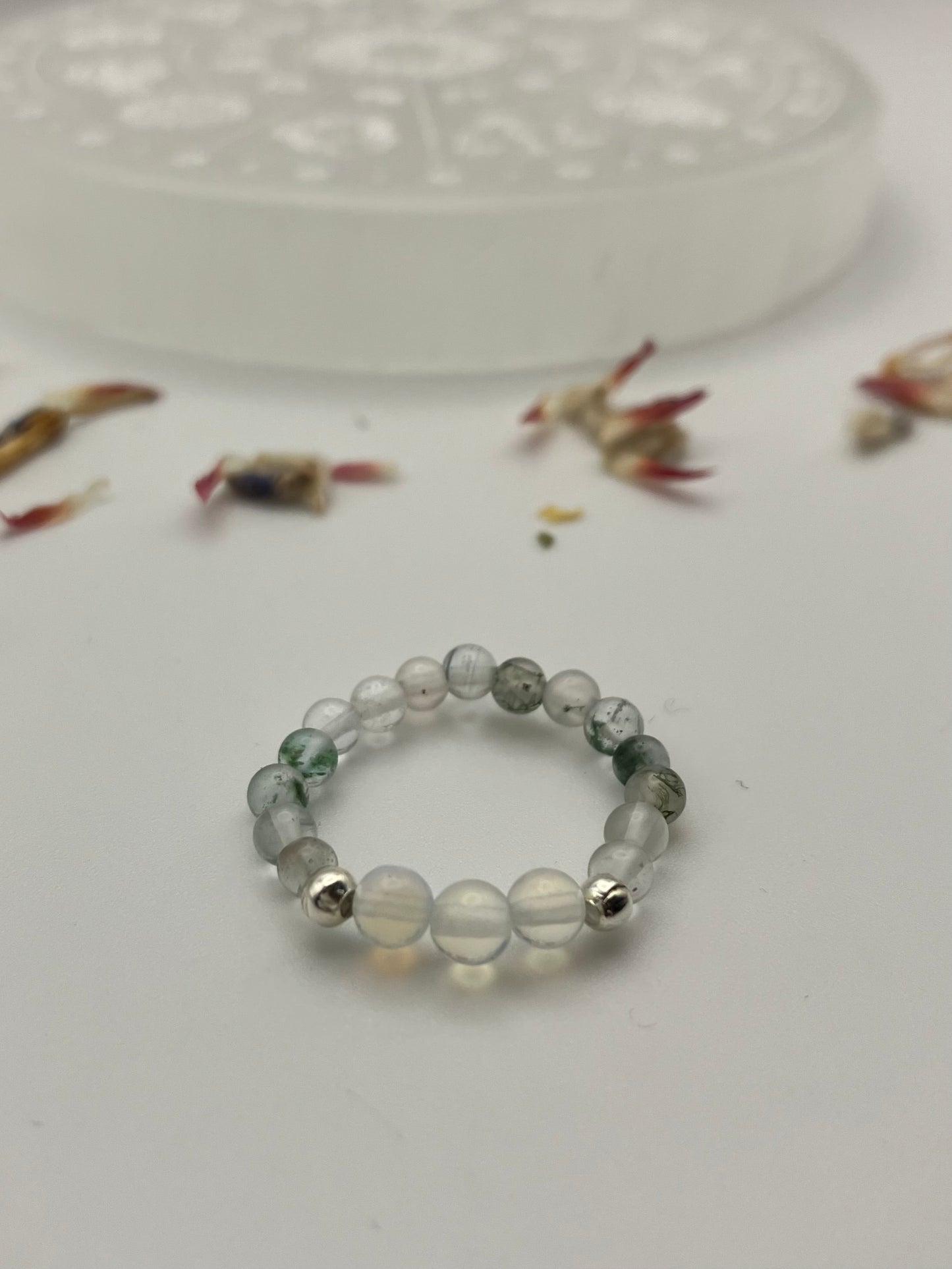 Clarity and concentration - Moss agate and Opalite silver coloured iron beads.