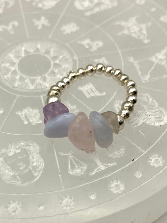 Amethyst, Blue lace agate and rose quartz silver coloured iron beads.