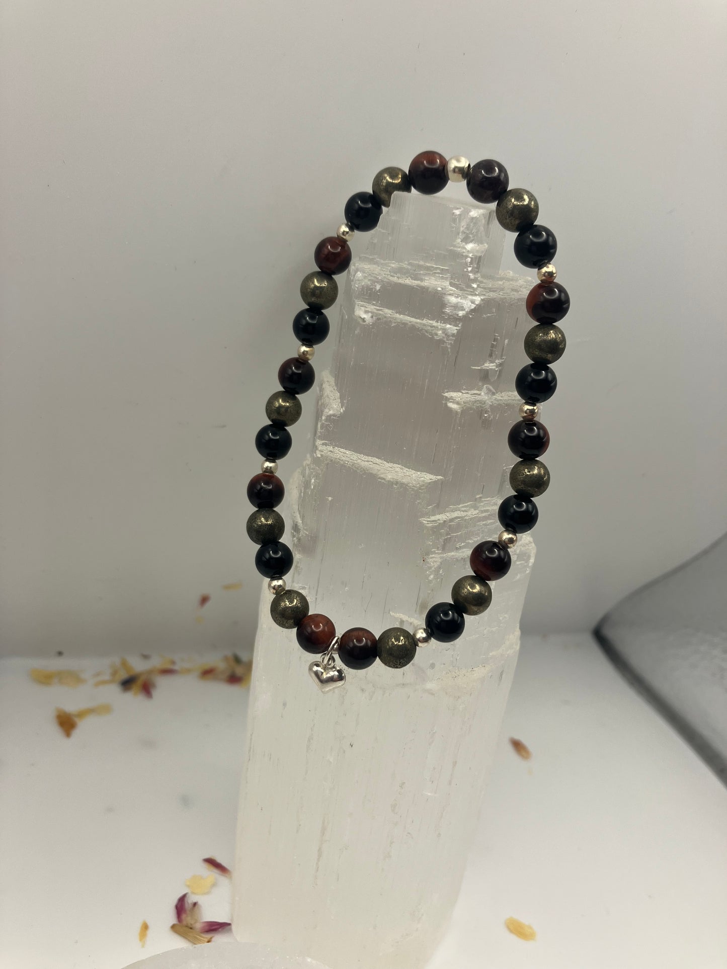 Sterling Silver Protection Healing Bracelet. Red tigers eye, black obsidian, pyrtie. Medium.