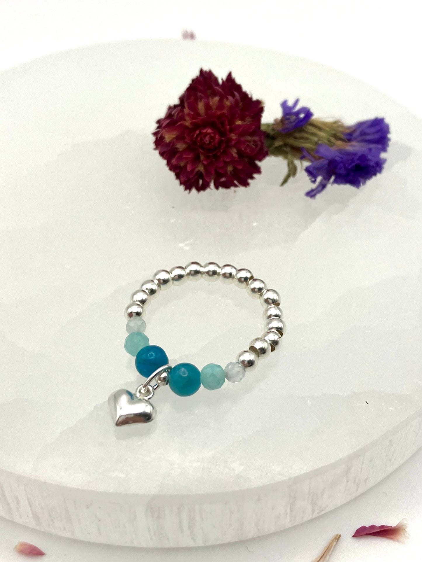 ‘Crystal hearts’ charm ring - throat chakra. Blue apatite, Aquamarine, Amazonite