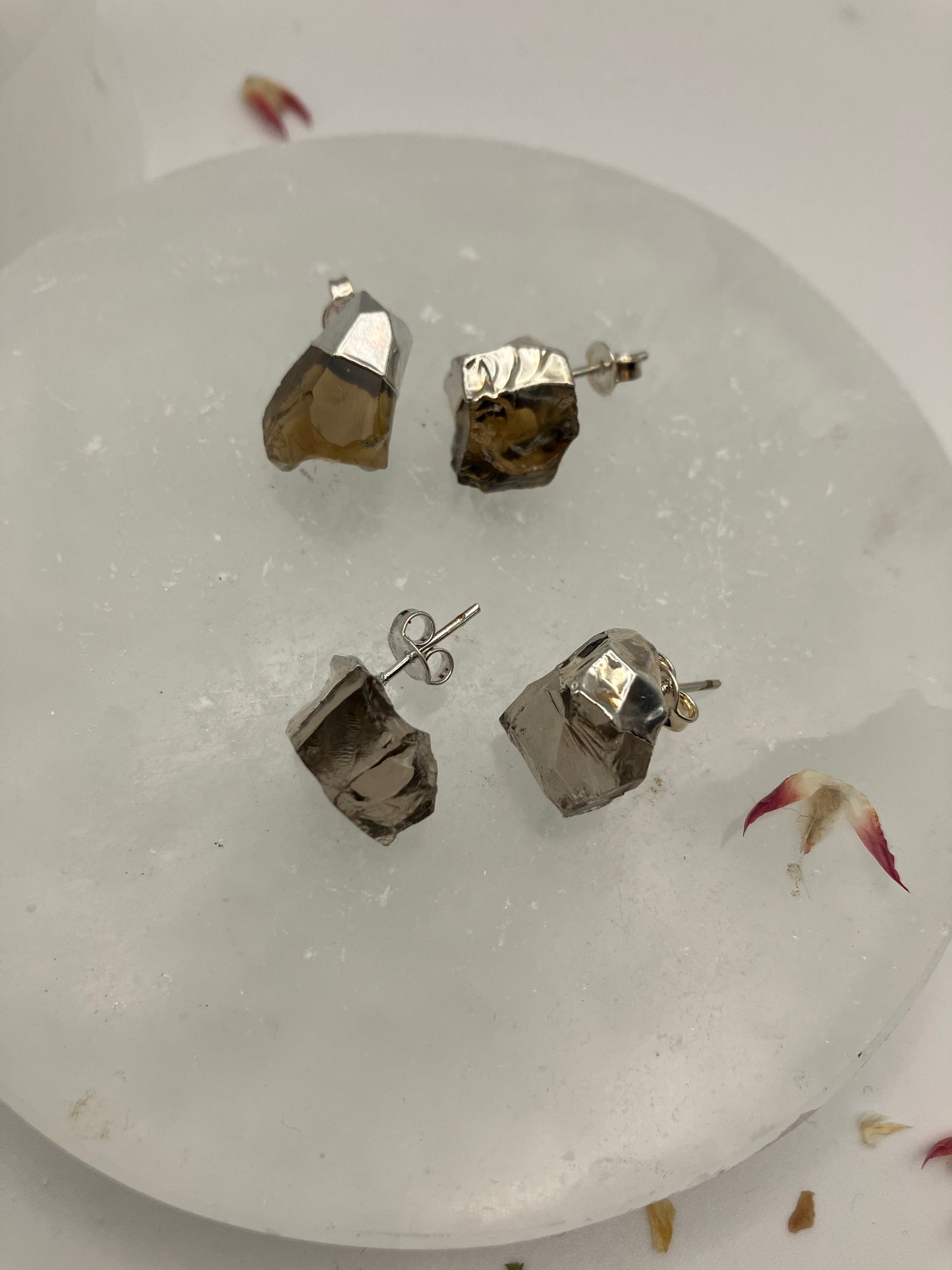 Raw Smoky Quartz chunk stud earrings. Silver plated.