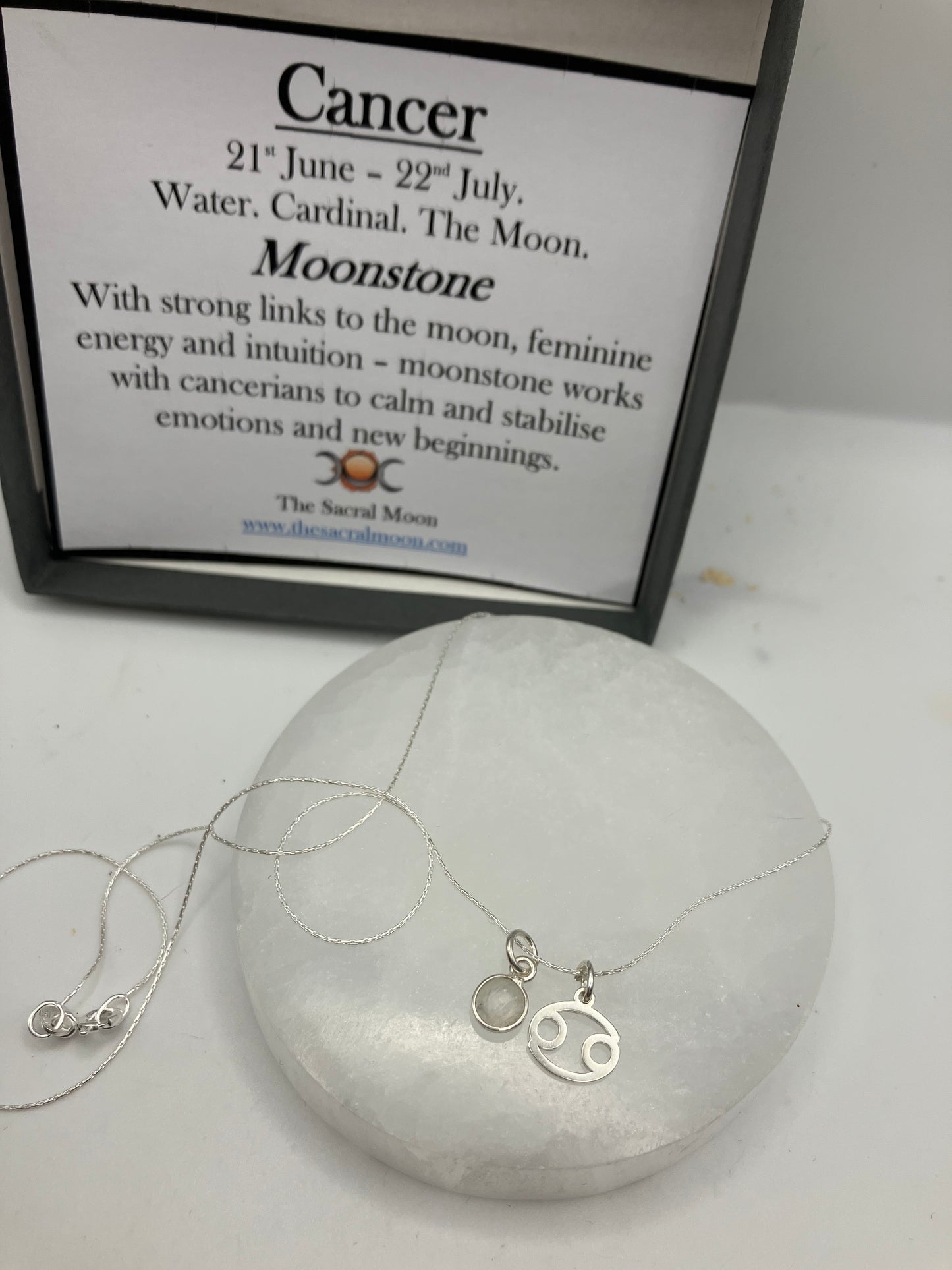 Sterling Silver Cancer Necklace with Moonstone gem charm.