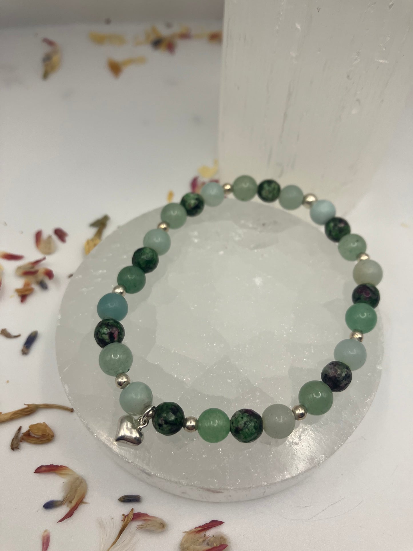 Sterling silver and gemstone heart chakra healing bracelet. Amazonite, Green Aventurine, Ruby Zosite. 6mm beads.