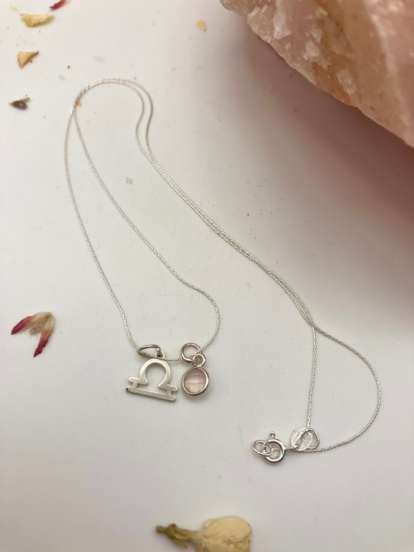 Sterling Silver Libra Necklace with Rose Quartz gem charm.