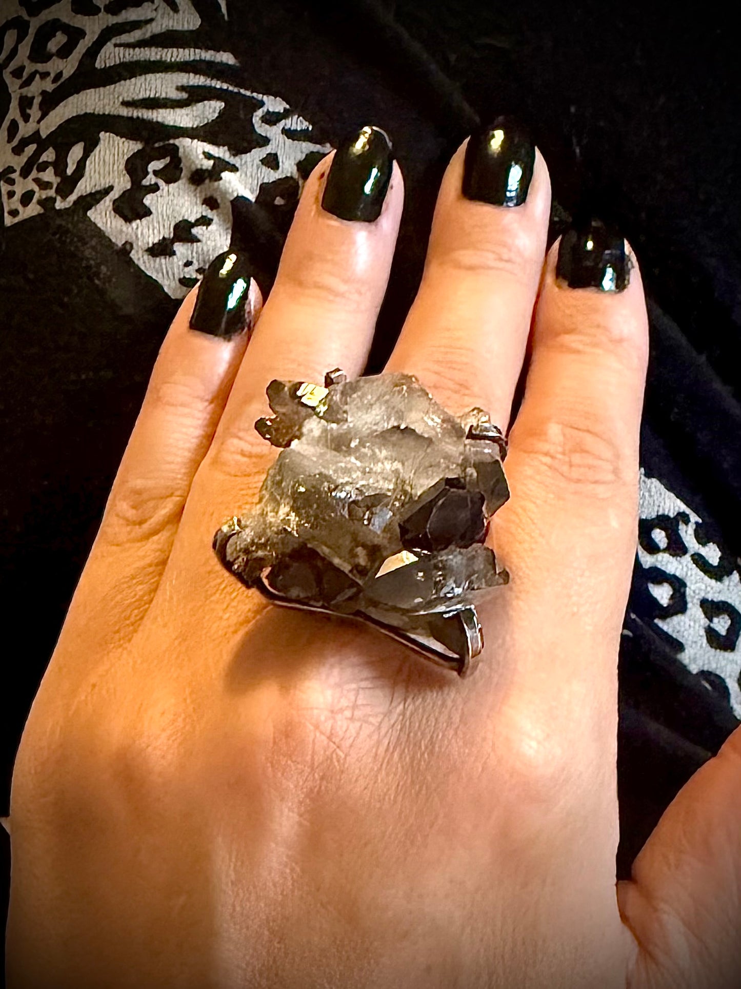 Smokey Quartz Cluster ring for depression, anxiety and protection. Silver / Gold Plated Adjustable Ring.