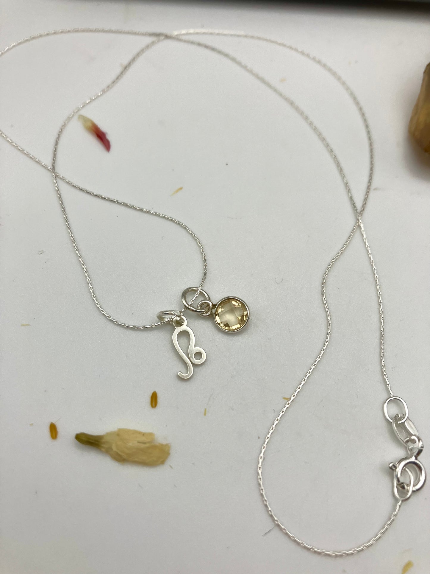 Sterling Silver Leo Necklace with Citrine gem charm.