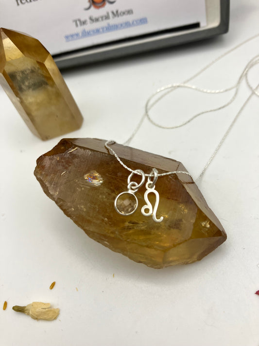 Sterling Silver Leo Necklace with Citrine gem charm.