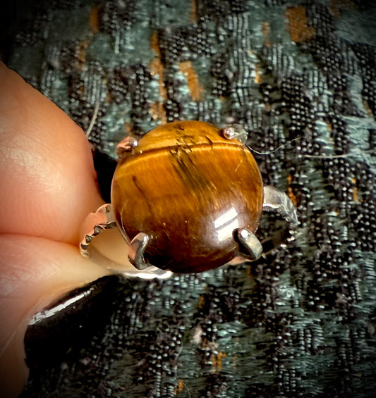 Silver Plated Adjustable Ring - Tigers Eye