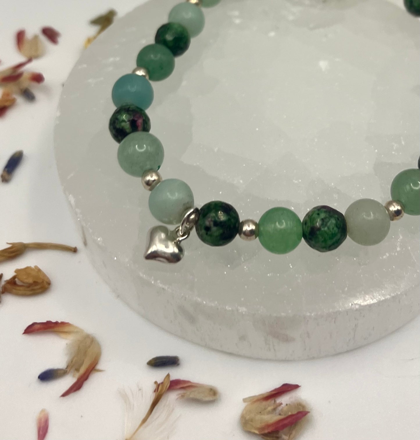 Sterling silver and gemstone heart chakra healing bracelet. Amazonite, Green Aventurine, Ruby Zosite. 6mm beads.