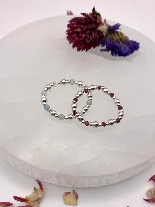 Garnet and Sterling Silver handmade stretch stacking ring.