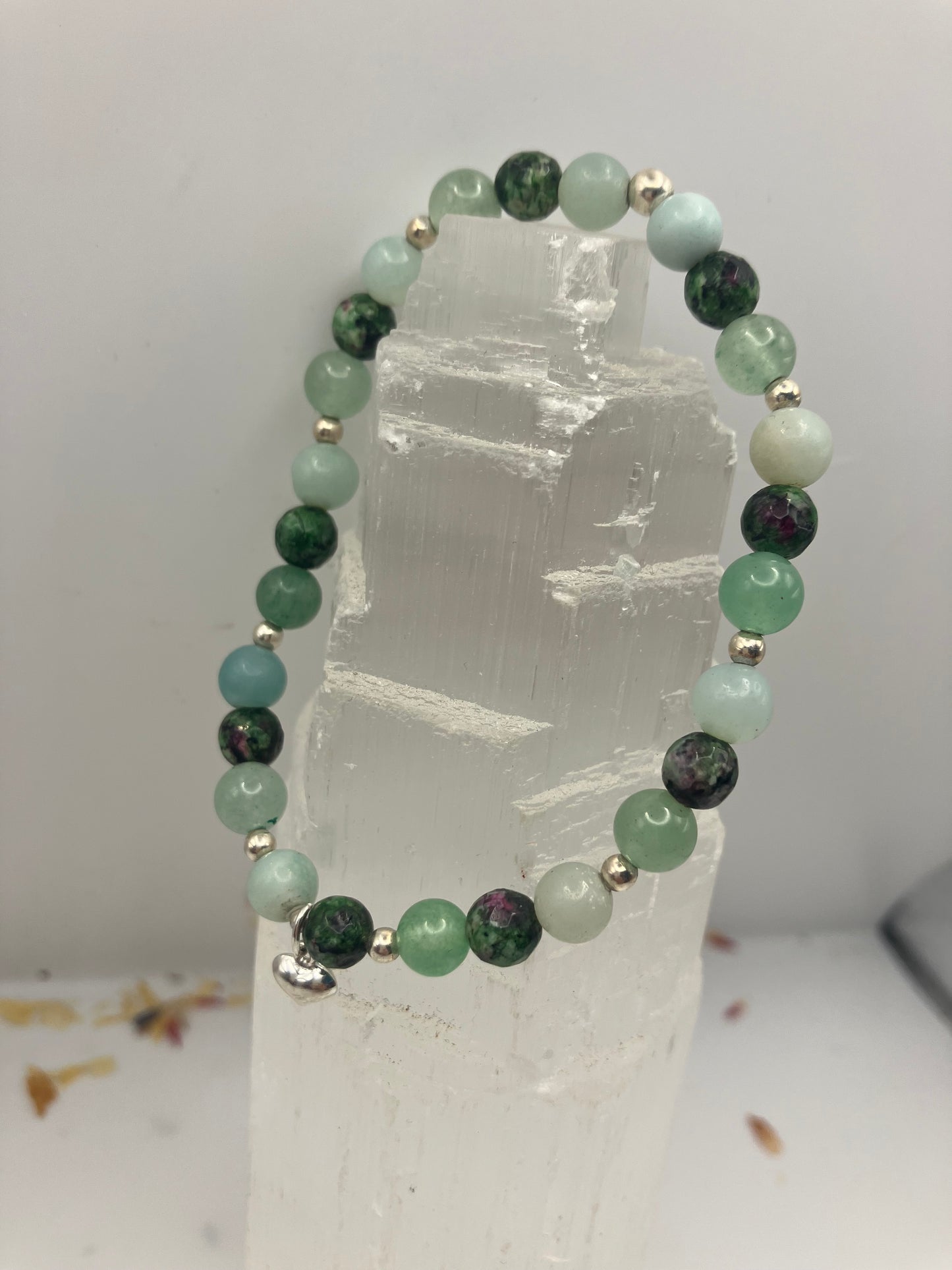 Sterling silver and gemstone heart chakra healing bracelet. Amazonite, Green Aventurine, Ruby Zosite. 6mm beads.