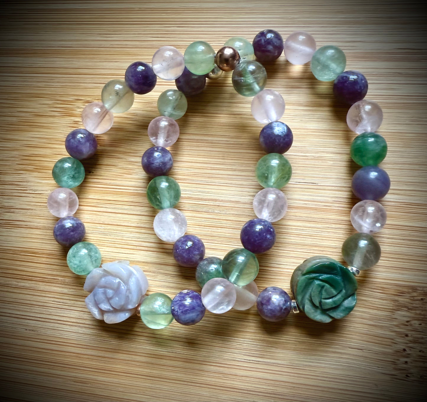 Handmade stretch bracelet. 8mm. Indian Agate, purple and green fluorite and lepidolite mica.