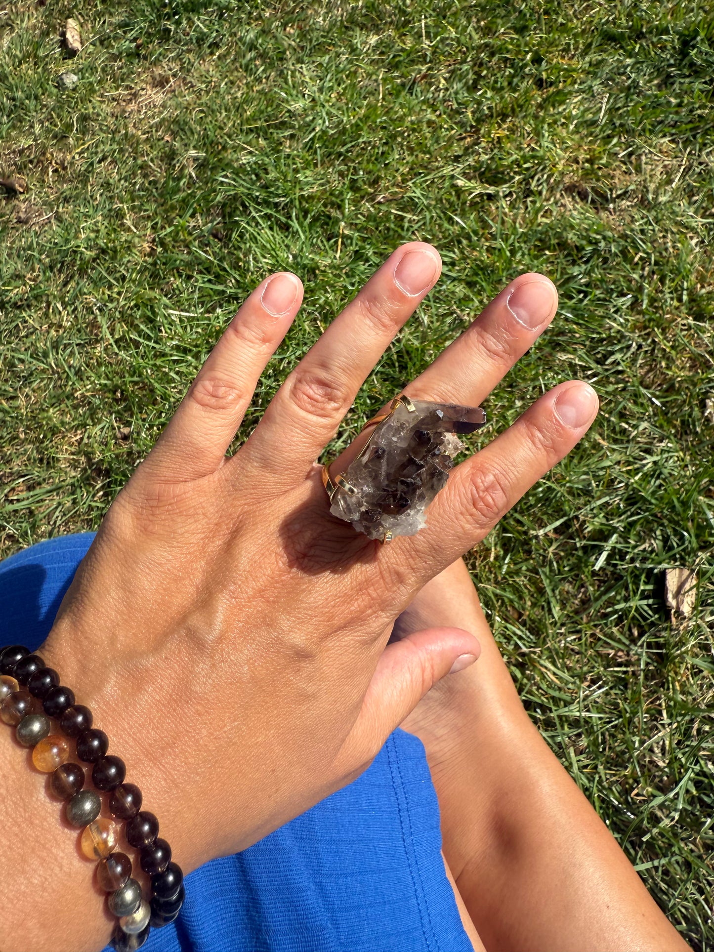Smokey Quartz Cluster ring for depression, anxiety and protection. Silver / Gold Plated Adjustable Ring.