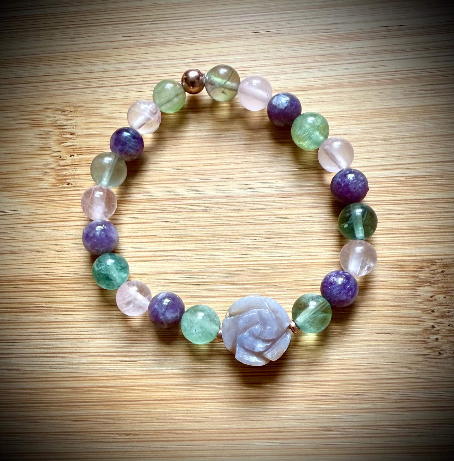 Handmade stretch bracelet. 8mm. Indian Agate, purple and green fluorite and lepidolite mica.