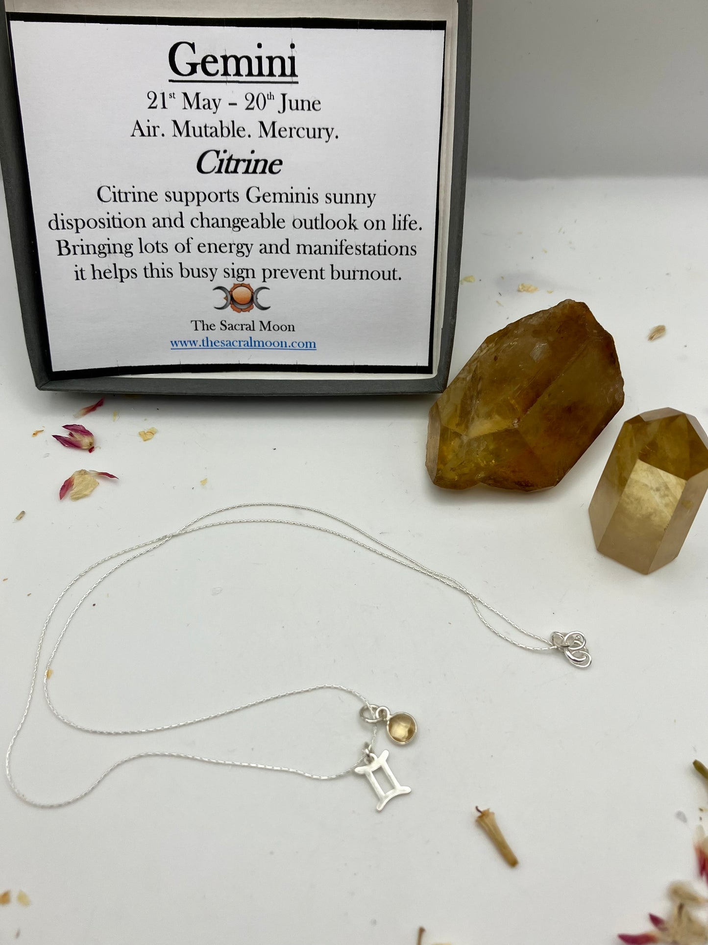 Sterling Silver Gemini Necklace with Citrine gem charm.