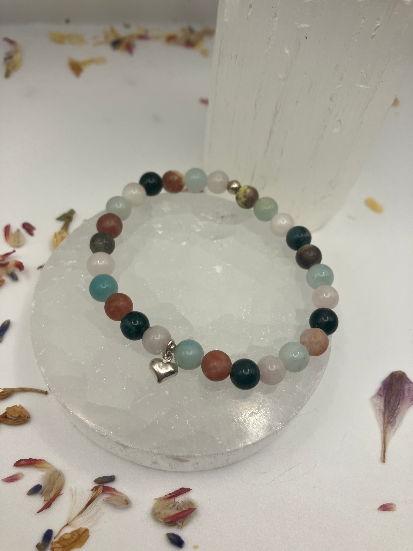 Crystal heart chakra healing bracelet. Amazonite, Moss Agate, Rose Quartz, Lepidolite 6mm. 925 sterling silver and real gemstone beads.