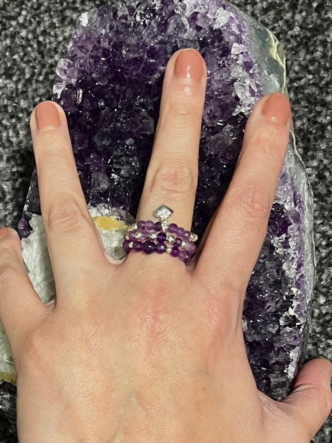 Crystal Dreams - Amethyst Ring stack. Sterling Silver handmade stretchy rings.