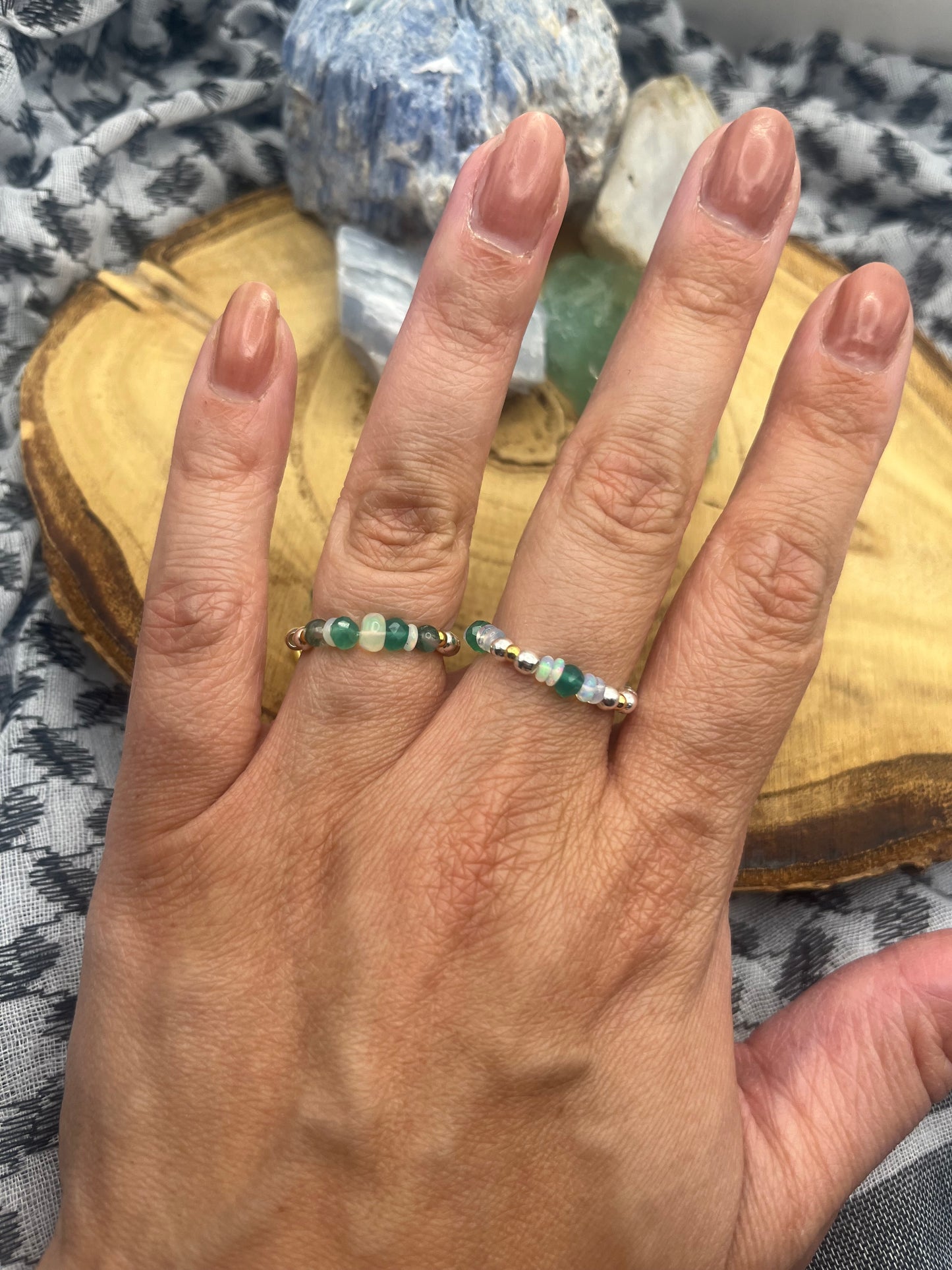 Green onyx, Opal and Moss Agate with gold plated silver and sterling silver. Stretchy Ring available in small, medium and large.