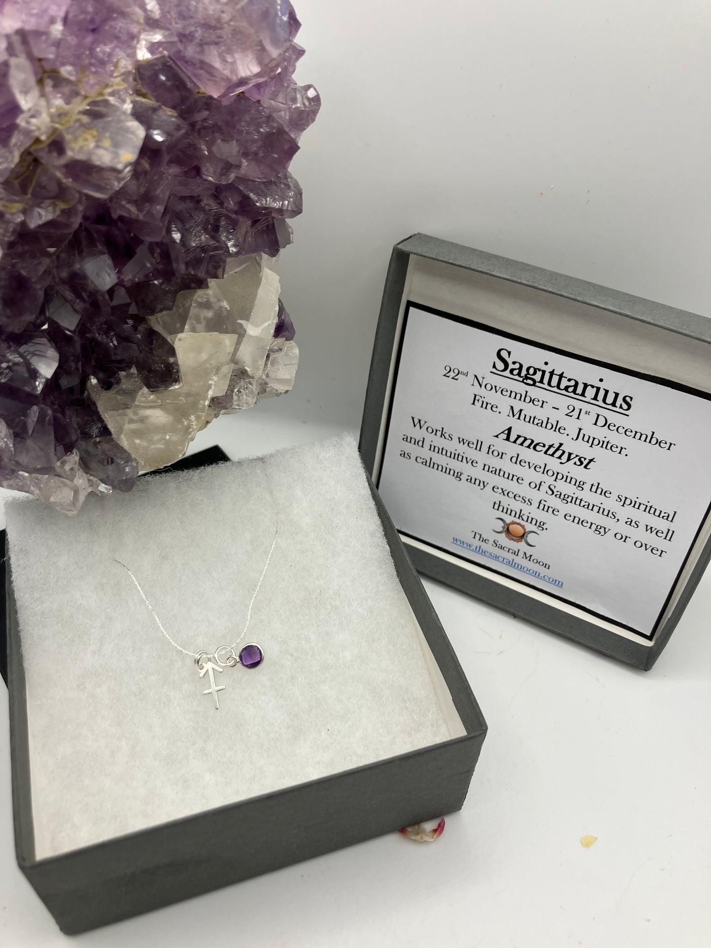 Sterling Silver Sagittarius Necklace with Amethyst gem charm.