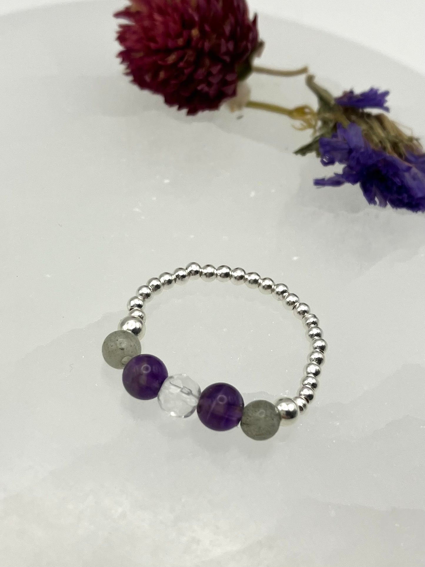 Crystal Dreams - Amethyst, Labradorite, Clear Quartz. Sterling Silver handmade stretch stacking ring.