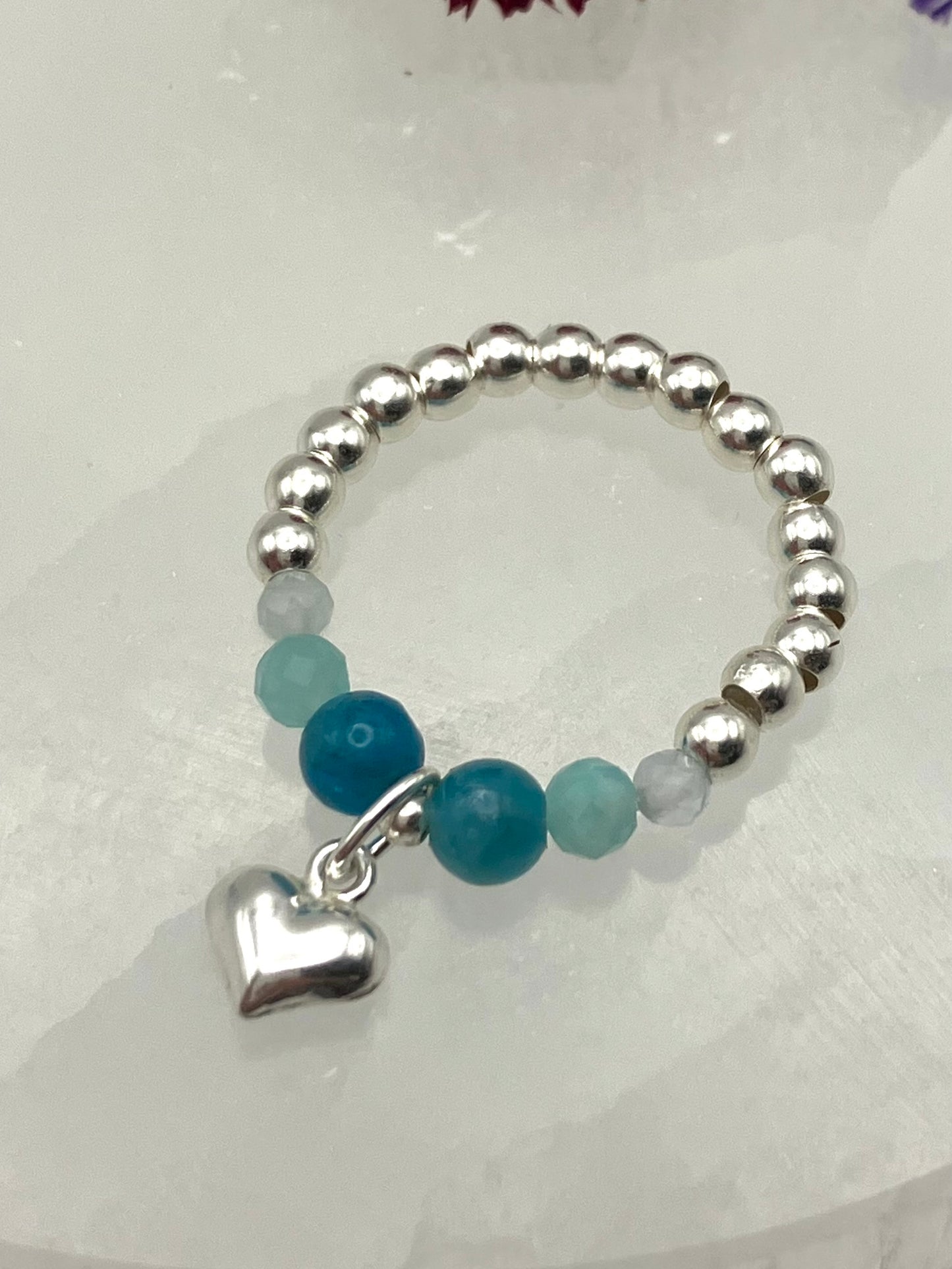 ‘Crystal hearts’ charm ring - throat chakra. Blue apatite, Aquamarine, Amazonite