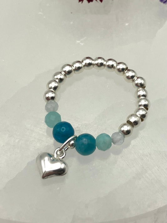 ‘Crystal hearts’ charm ring - throat chakra. Blue apatite, Aquamarine, Amazonite