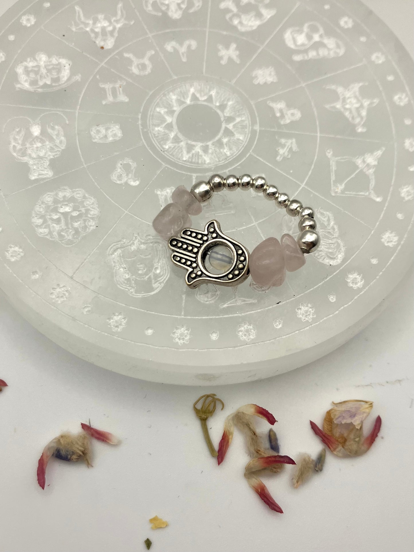 Rose Quartz and opalite with stainless steel Hamada hand and silver coloured iron beads.