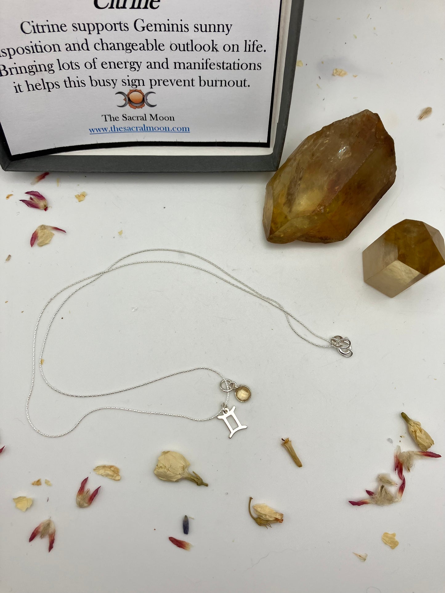 Sterling Silver Gemini Necklace with Citrine gem charm.