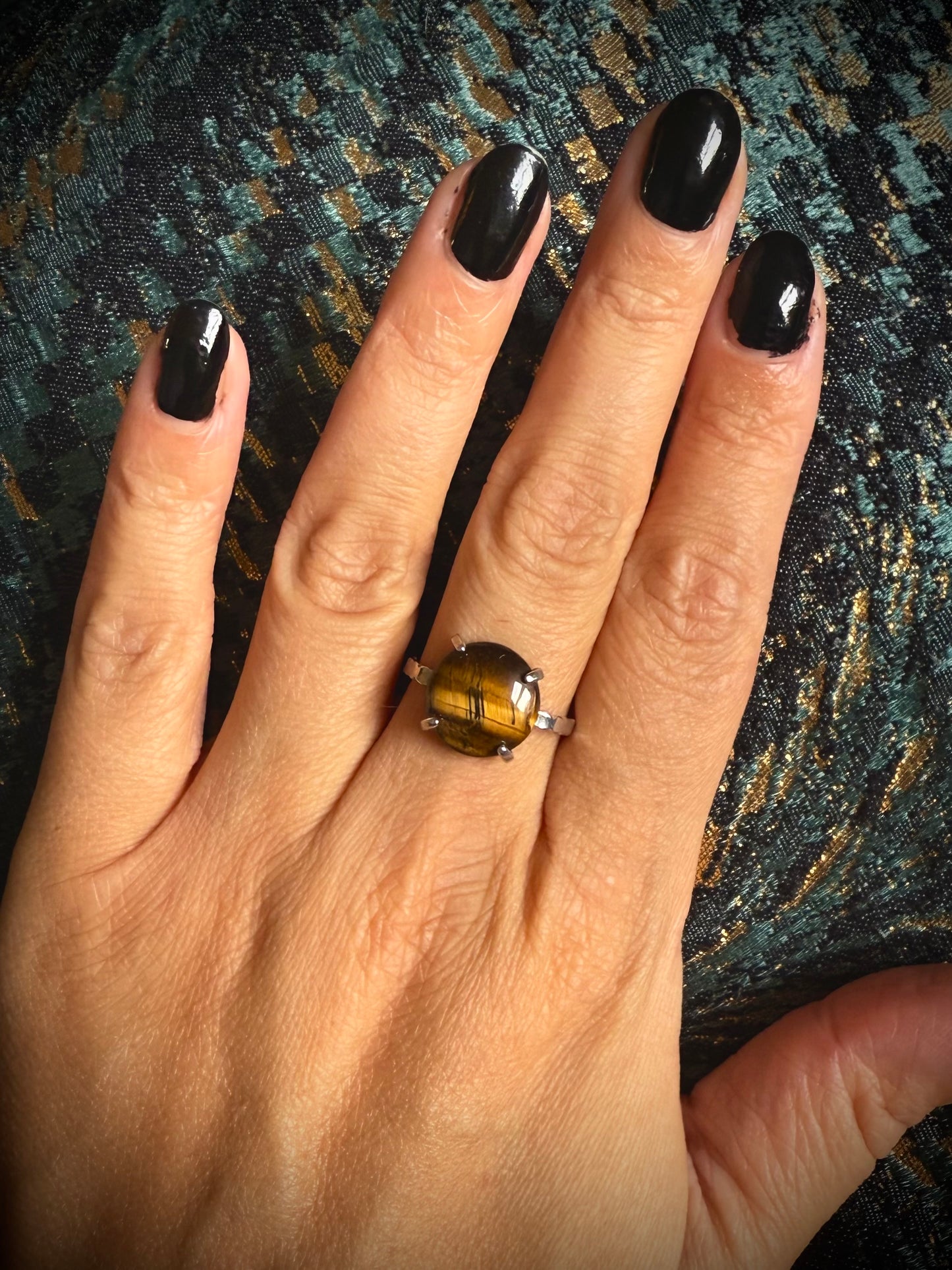 Silver Plated Adjustable Ring - Tigers Eye