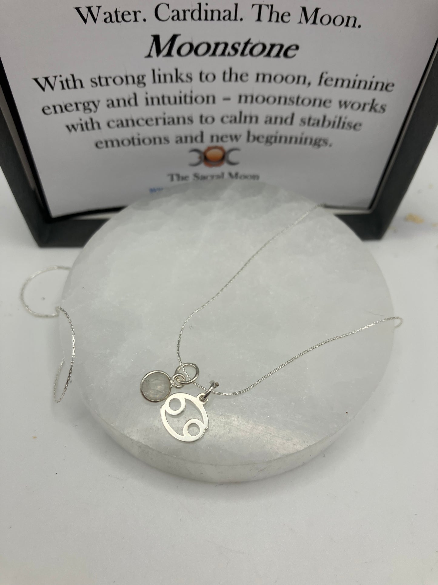 Sterling Silver Cancer Necklace with Moonstone gem charm.