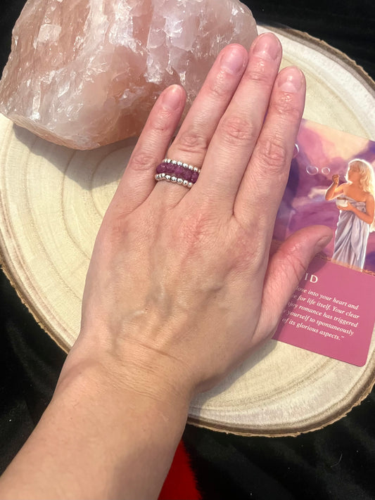 Ruby and Sterling Silver ring stack. Stretchy rings. Size small - Medium.