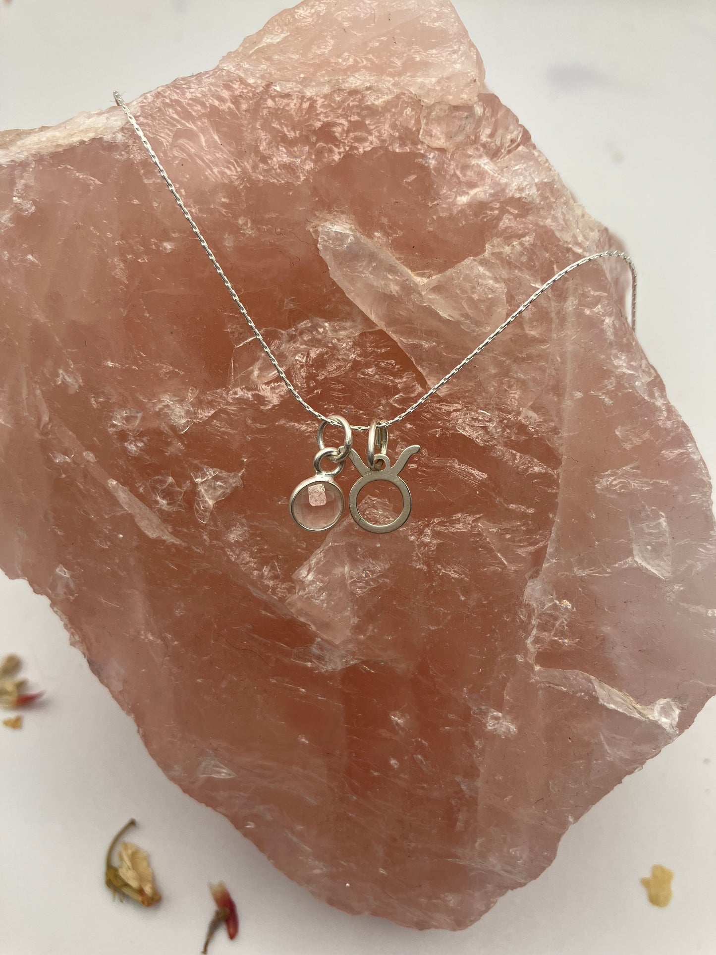 Sterling Silver Taurus Necklace with rose Quartz gem charm.