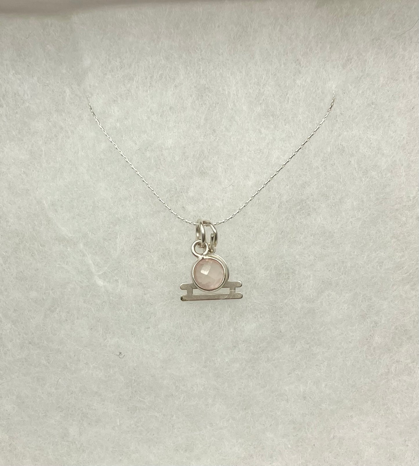 Sterling Silver Libra Necklace with Rose Quartz gem charm.