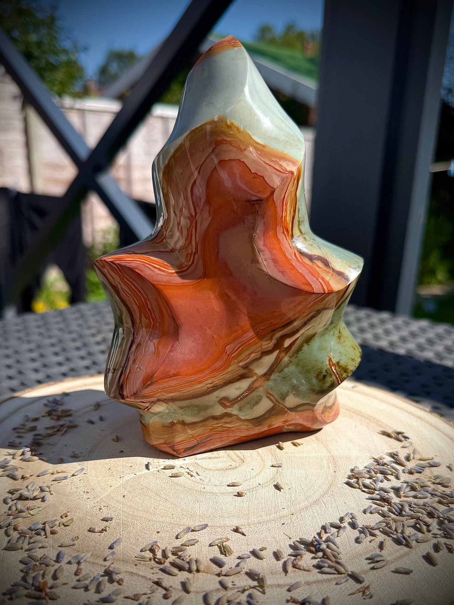 Polychrome Jasper Flame Large – Polished and carved Healing Crystal for empowerment, finding your true self and embodying health, passion and vitality.