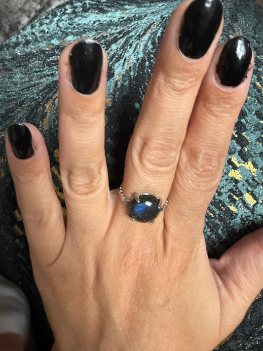 Silver Plated Adjustable Ring - Labradorite
