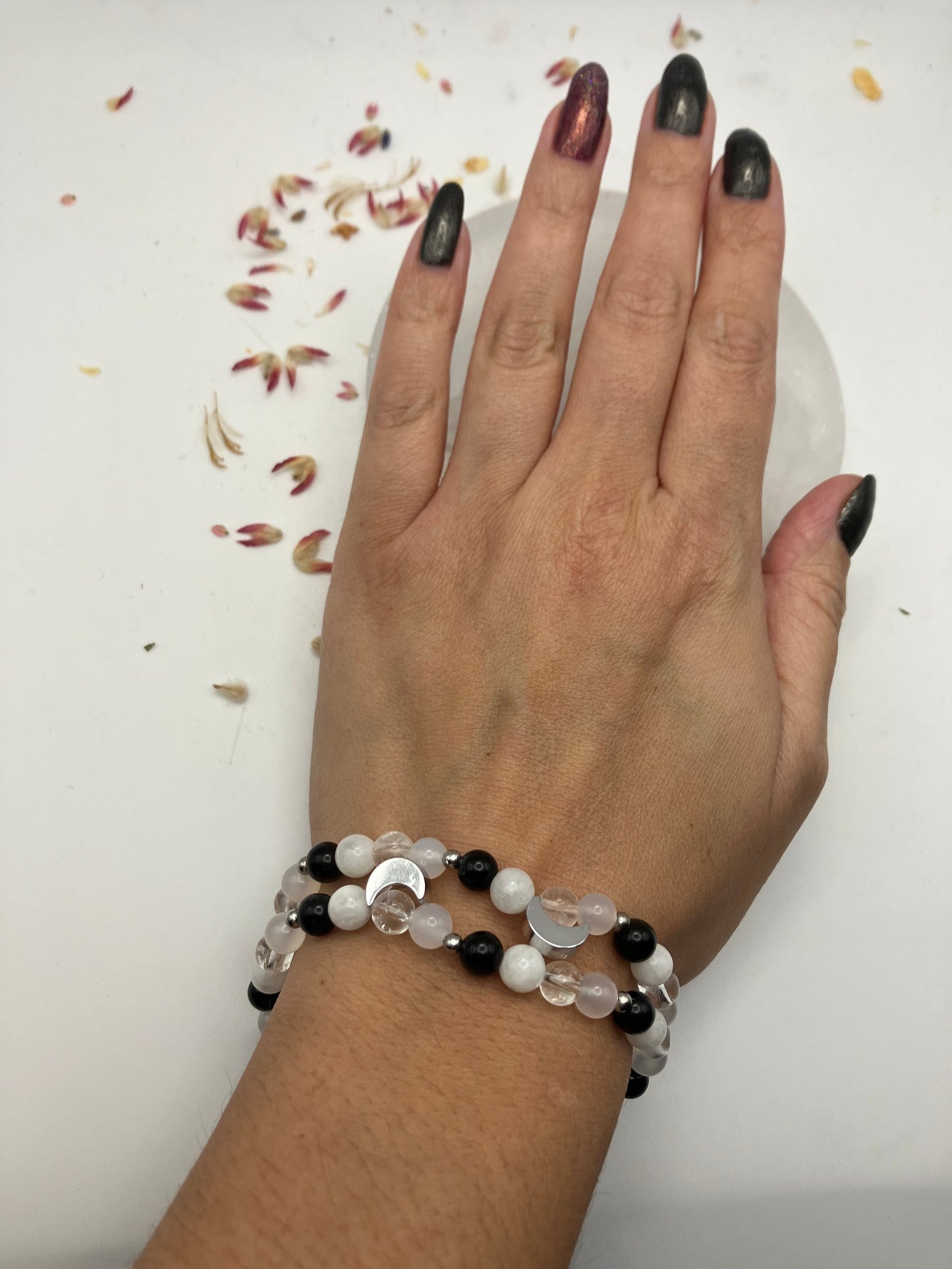 ‘To the moon and back’ mono chrome bracelet with moon charm (no charm option available).