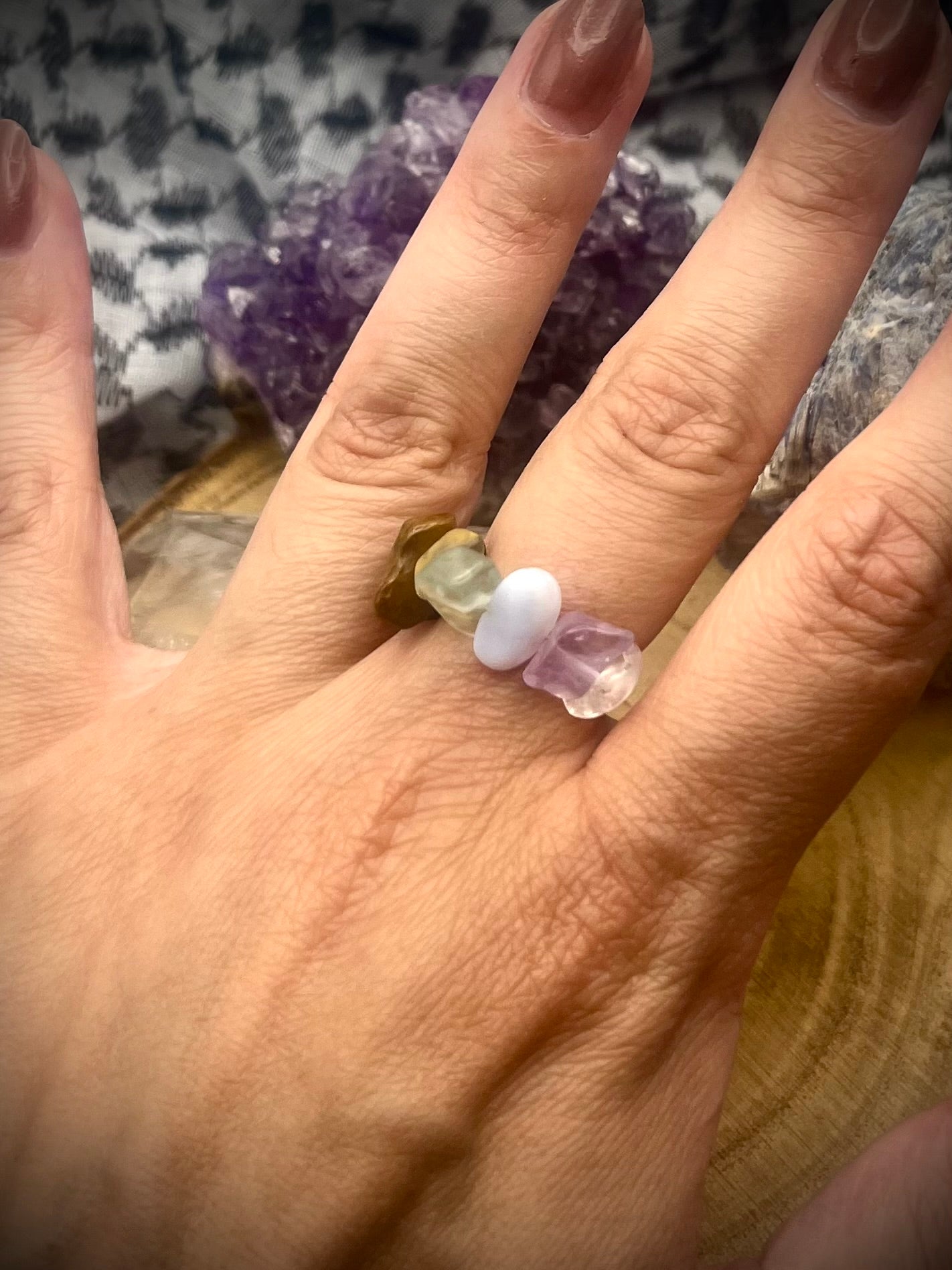 Sterling silver Chakra statement ring - black onyx, tigers eye, se, citrine, fluorite, blue lace agate, amethyst and clear Quartz.