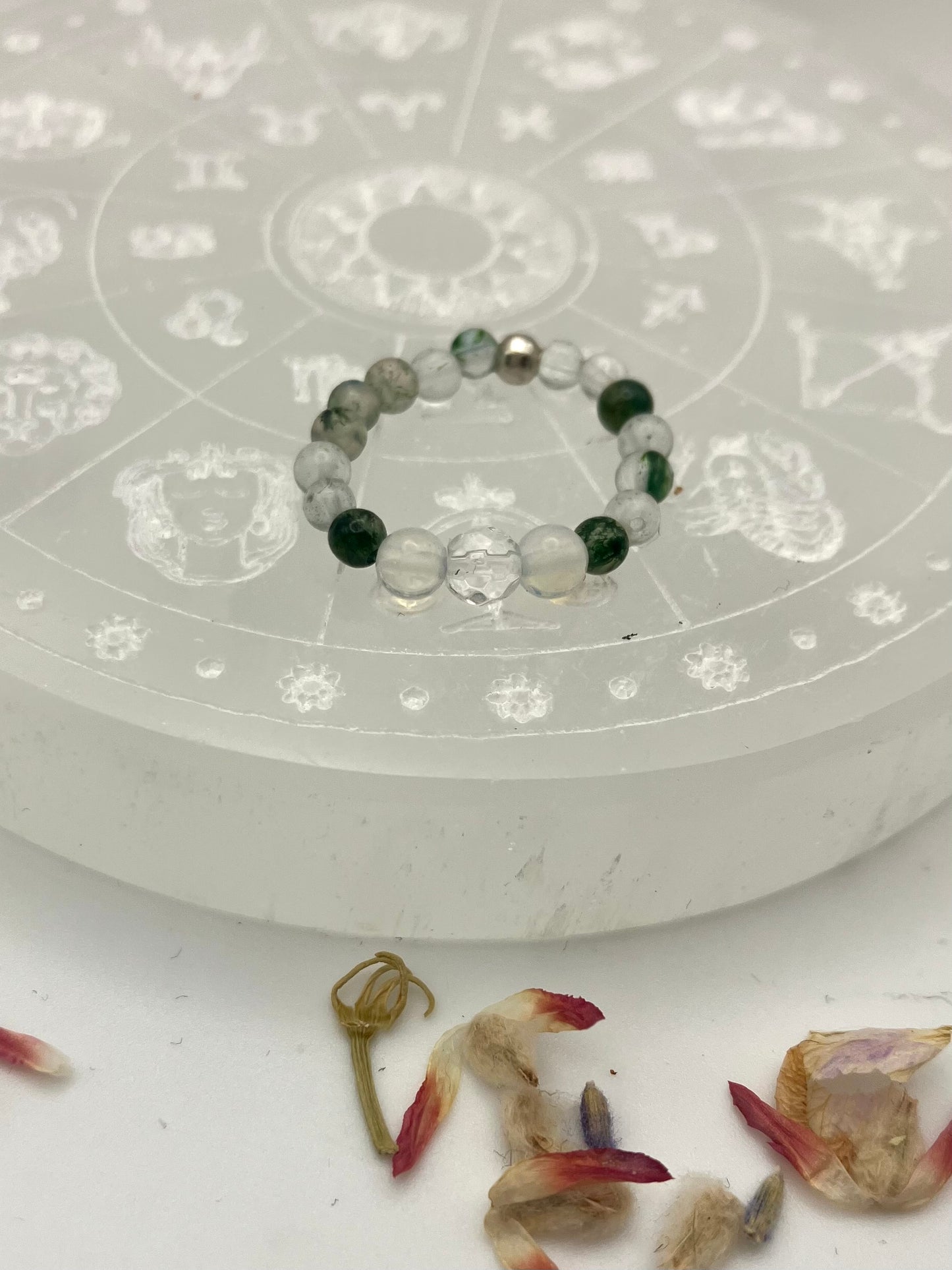 Clarity and concentration - Moss agate, opalite and clear Quartz silver coloured iron bead.