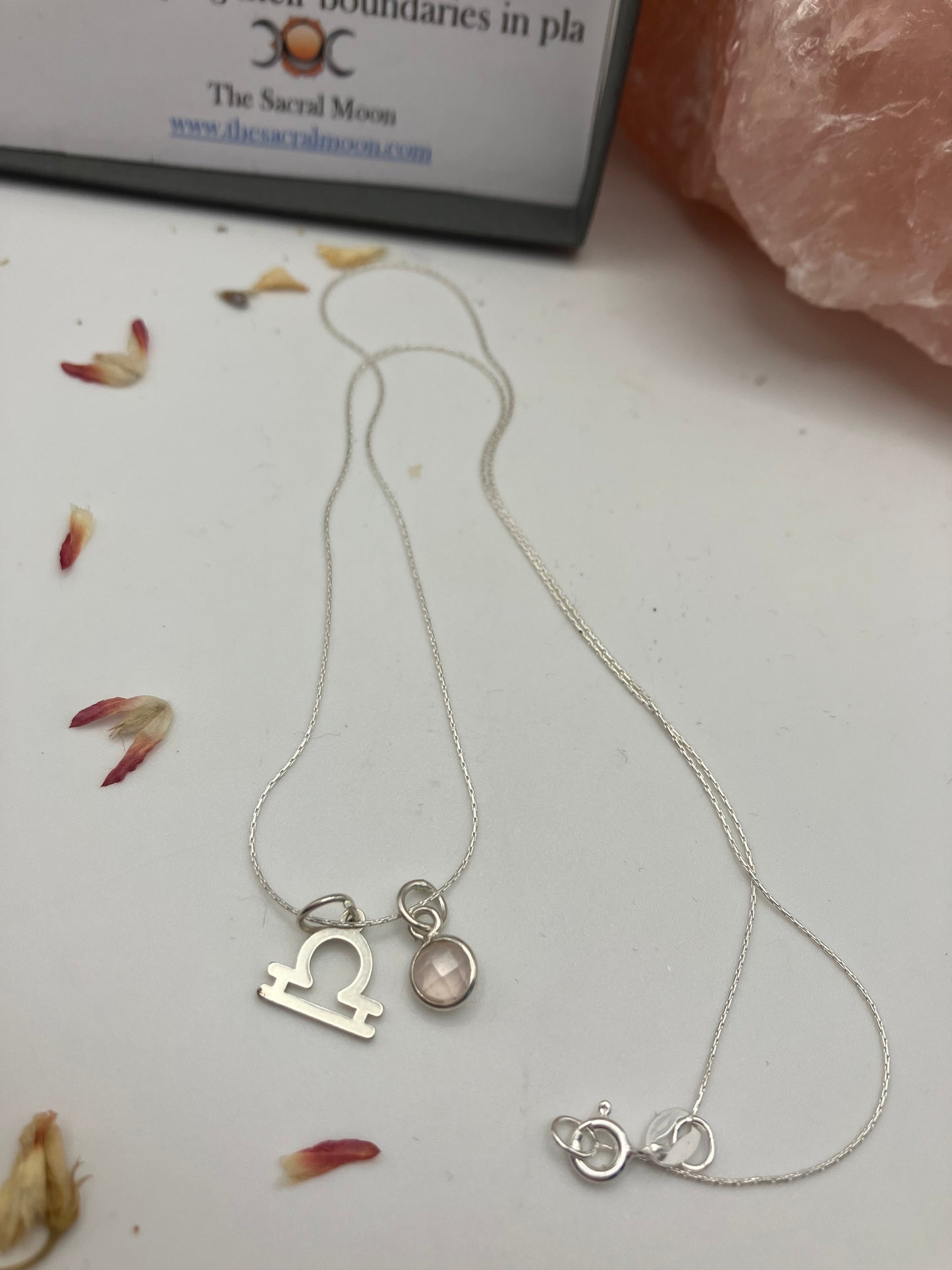 Sterling Silver Libra Necklace with Rose Quartz gem charm.