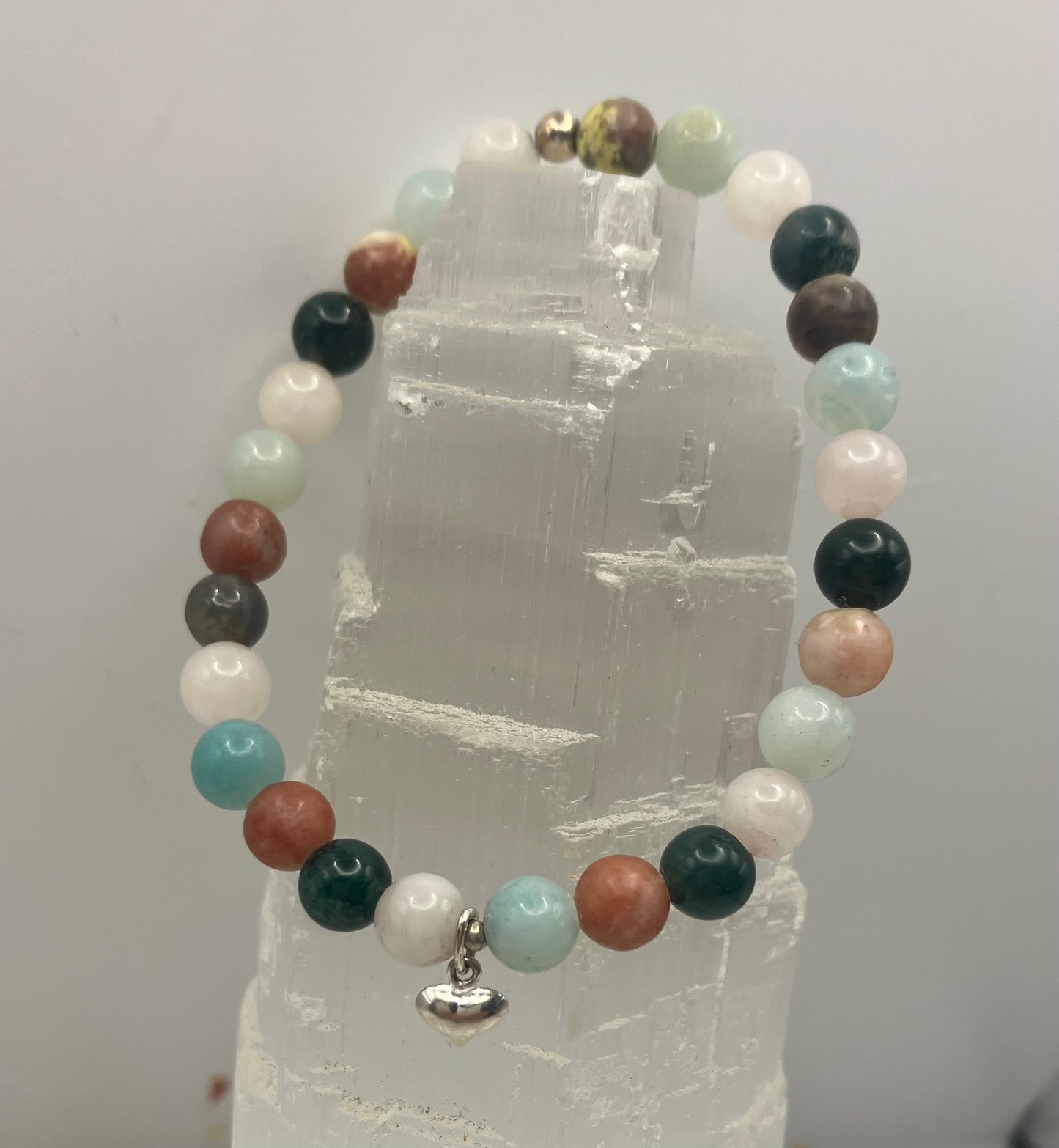 Crystal heart chakra healing bracelet. Amazonite, Moss Agate, Rose Quartz, Lepidolite 6mm. 925 sterling silver and real gemstone beads.