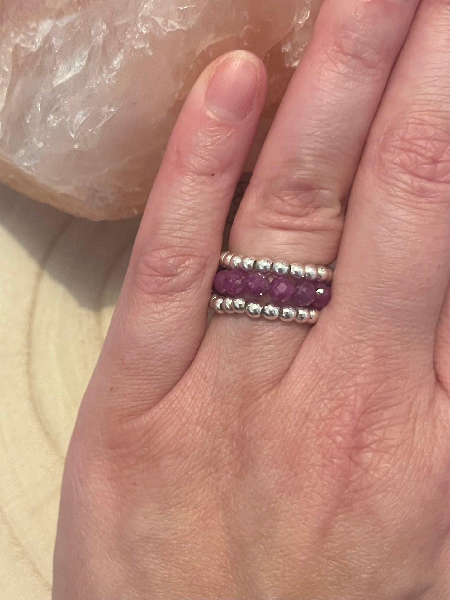 Ruby and Sterling Silver ring stack. Stretchy rings.