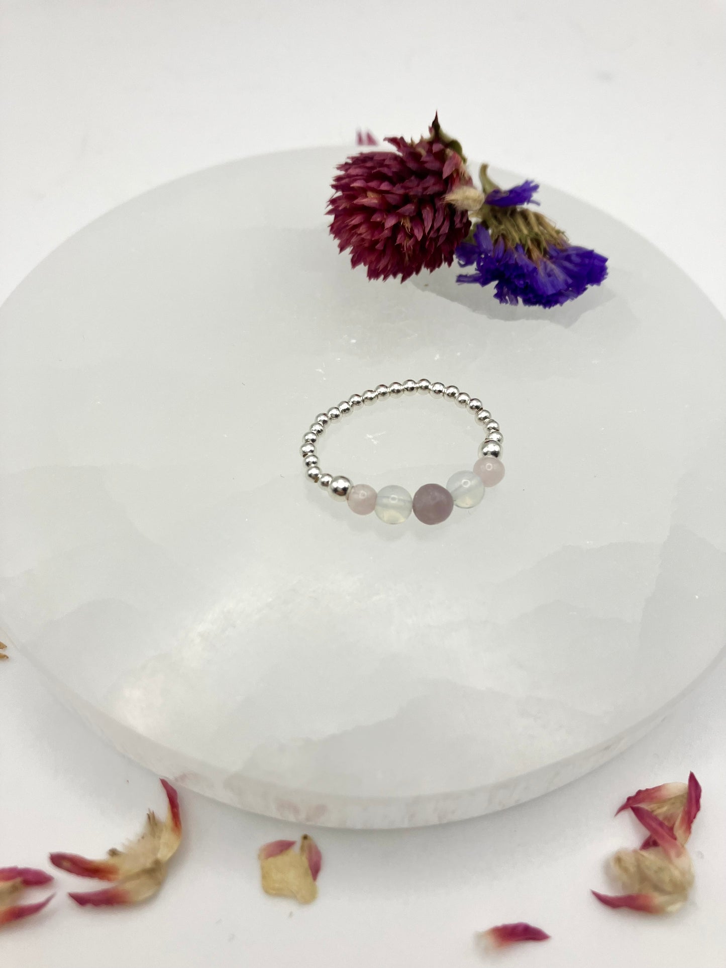 Love and self care - Lepidolite, Opalite and rose quartz. Sterling Silver handmade stretch stacking ring.