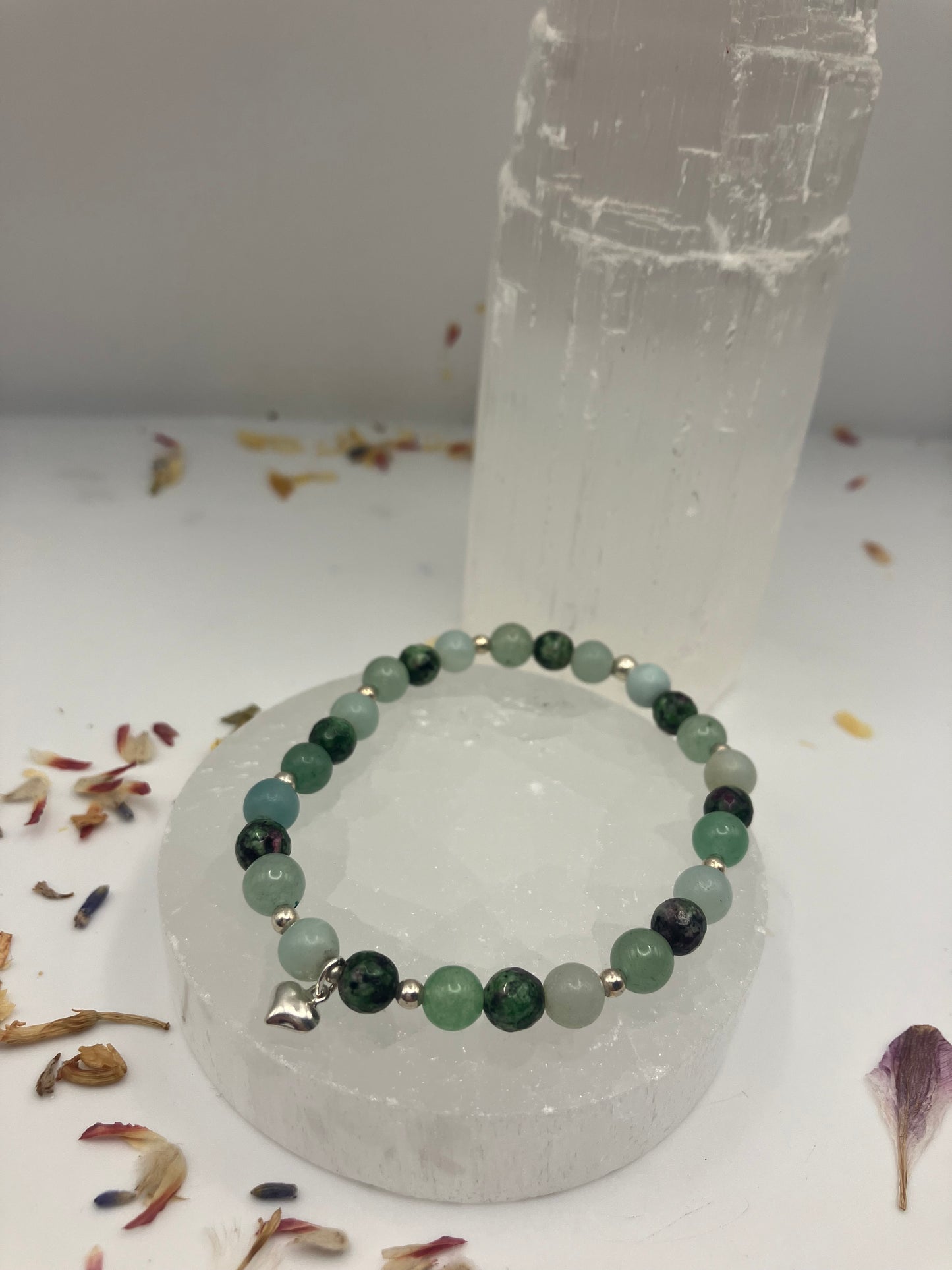 Sterling silver and gemstone heart chakra healing bracelet. Amazonite, Green Aventurine, Ruby Zosite. 6mm beads.