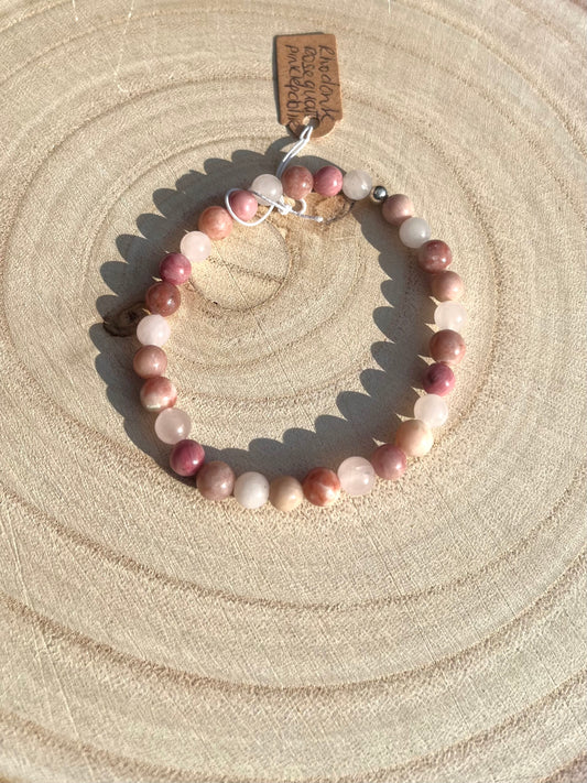 Self love crystal healing bracelet 6mm Rose Quartz, Pink Lepidolite and Rhodonite. 925 sterling silver and real gemstone beads - Small - Medium.