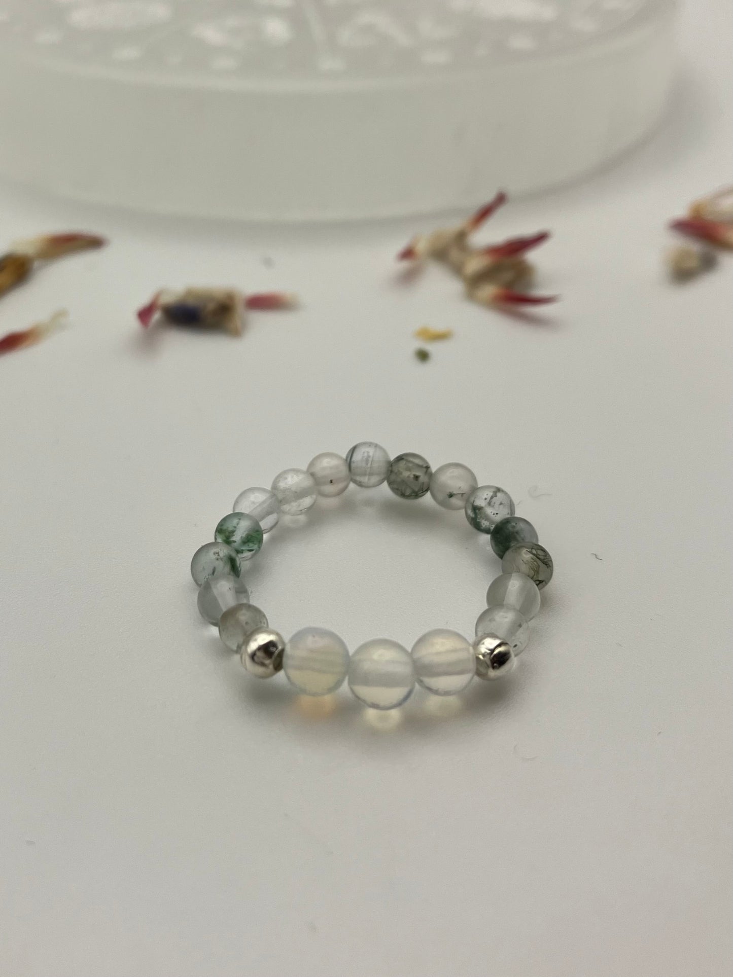 Clarity and concentration - Moss agate and Opalite silver coloured iron beads.